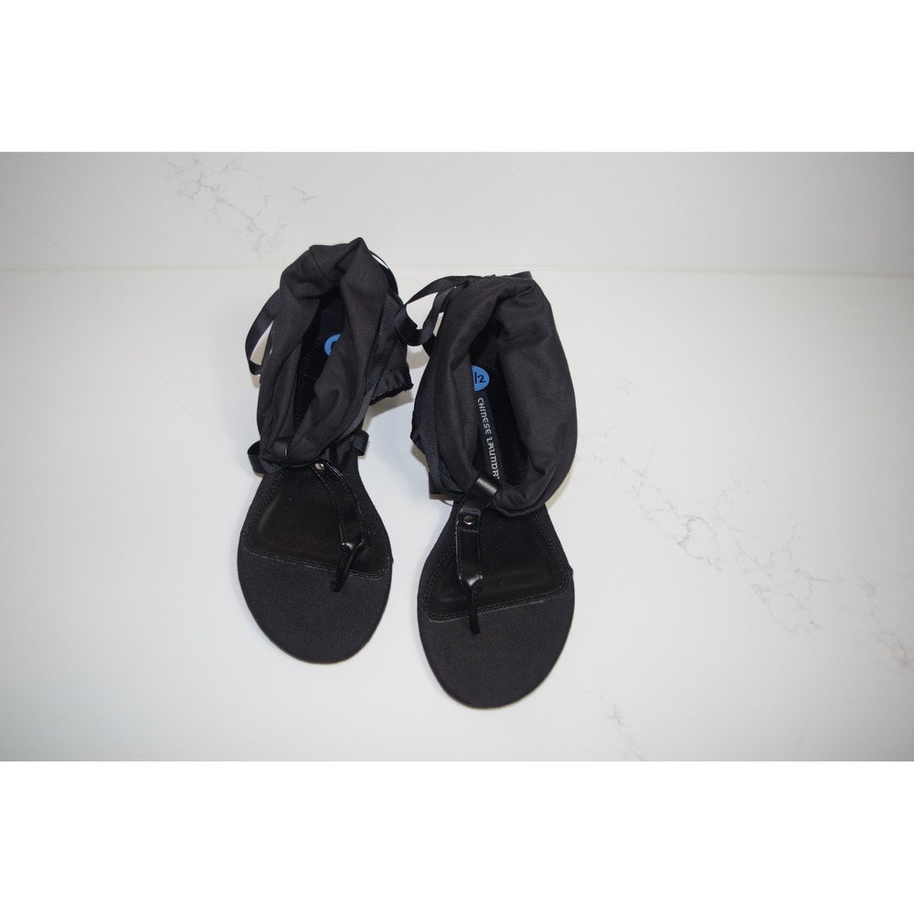Chinese Laundry Z-Sudoku Black Fabric Ankle Wrap Thong Wedge Sandals Womens 6.5M - Picture 4 of 6